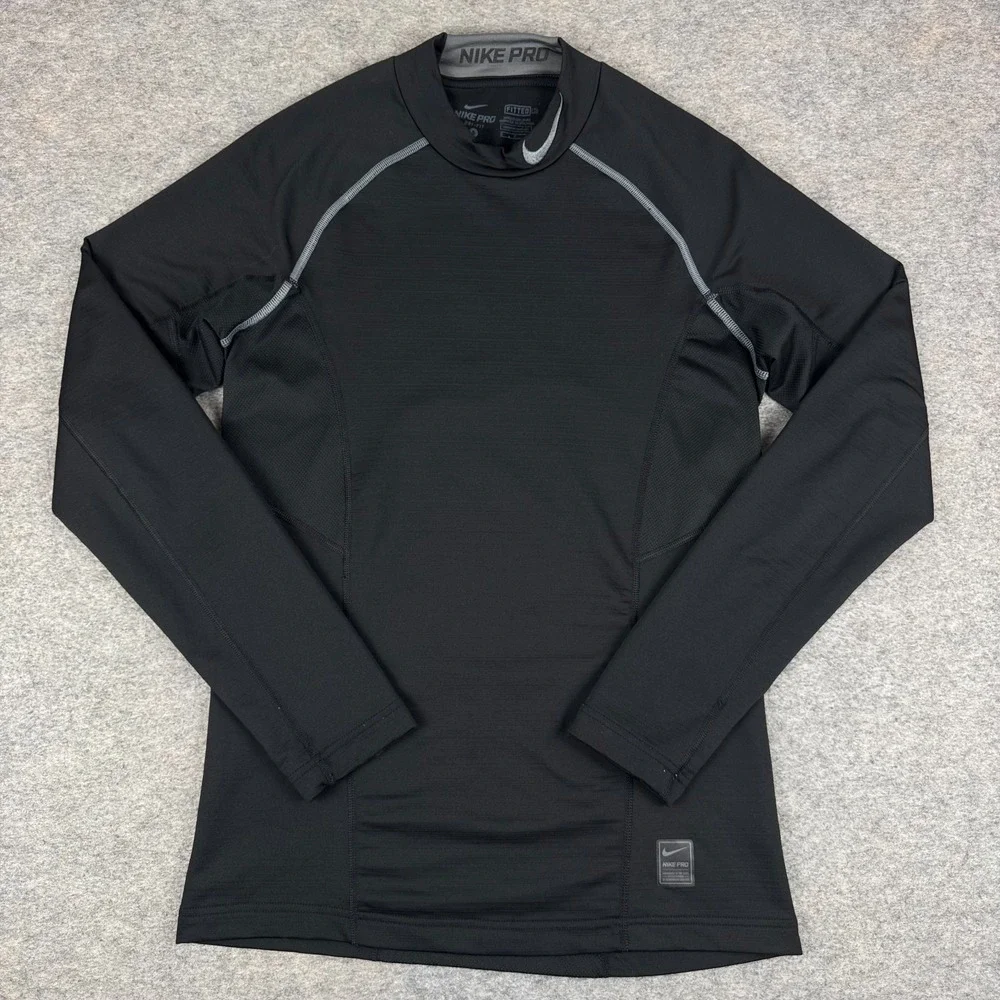 Nike Pro Combat Dri Fit Mock Neck Shirt Fitted Long Sleeve Black Mens Small S